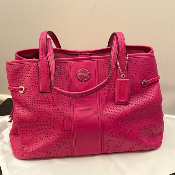 Coach Handbags - Coach Pink Signature Stripe Perforated Carryall